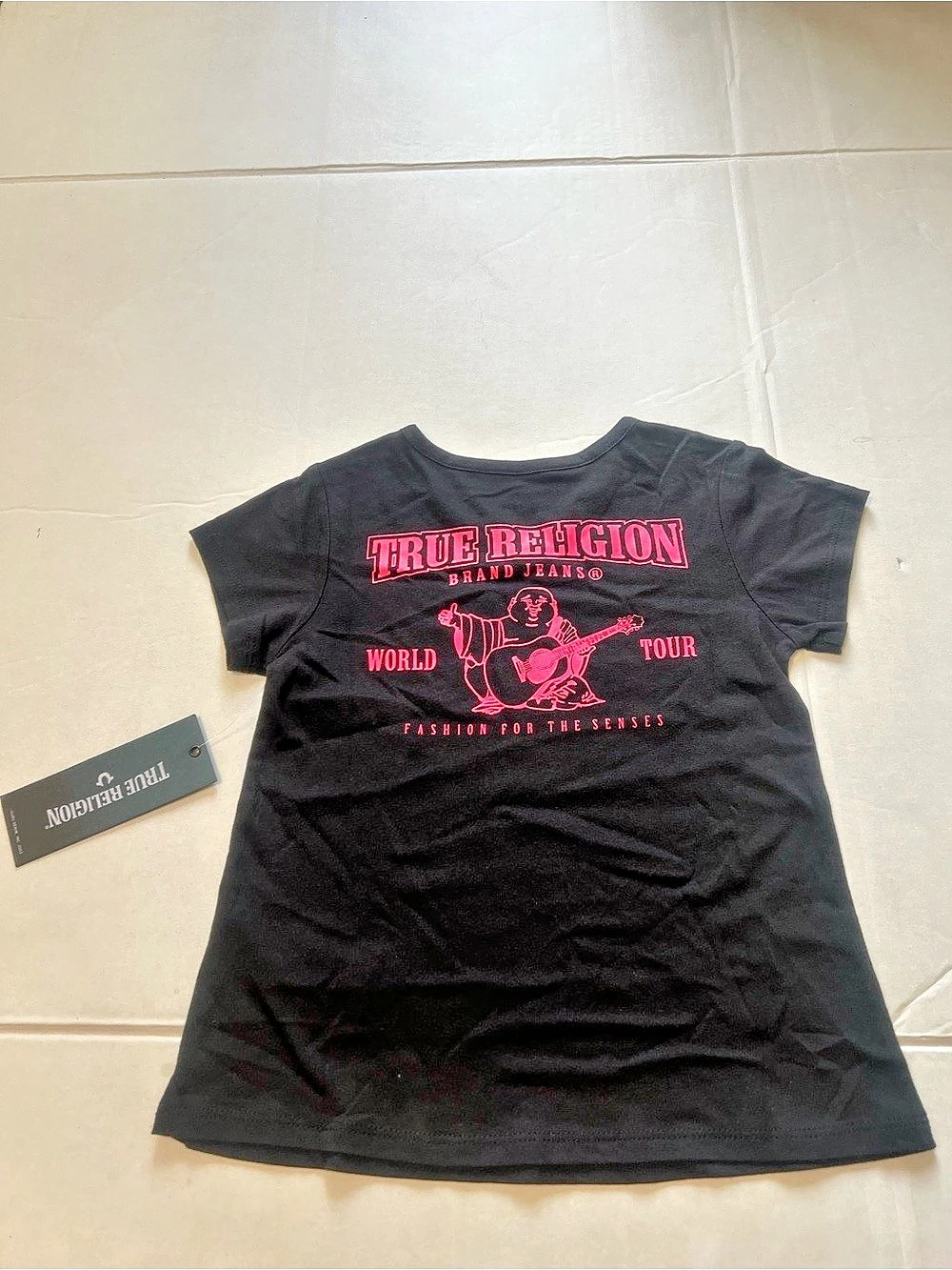 True Religion Girls Core Buddha Tee Graphic V-Neck Tee in Black & Pink Size